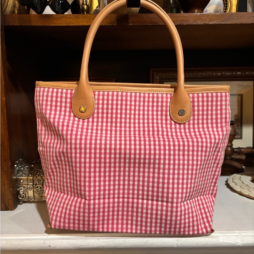 Ann Taylor Loft Pink  and Tan Gingham Small Tote Bag with Leather Handles